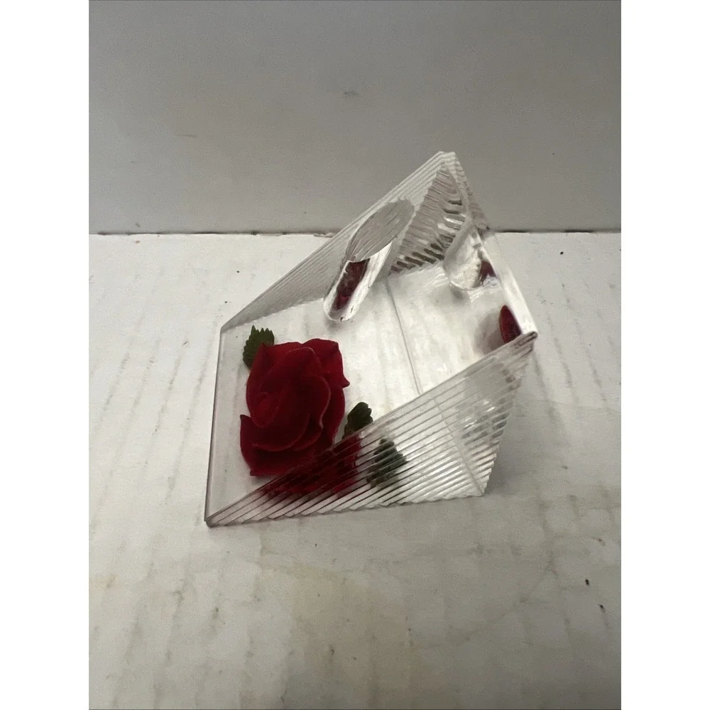 Vtg Bircraft Lucite & carved Red Rose PEN HOLDER 1950s